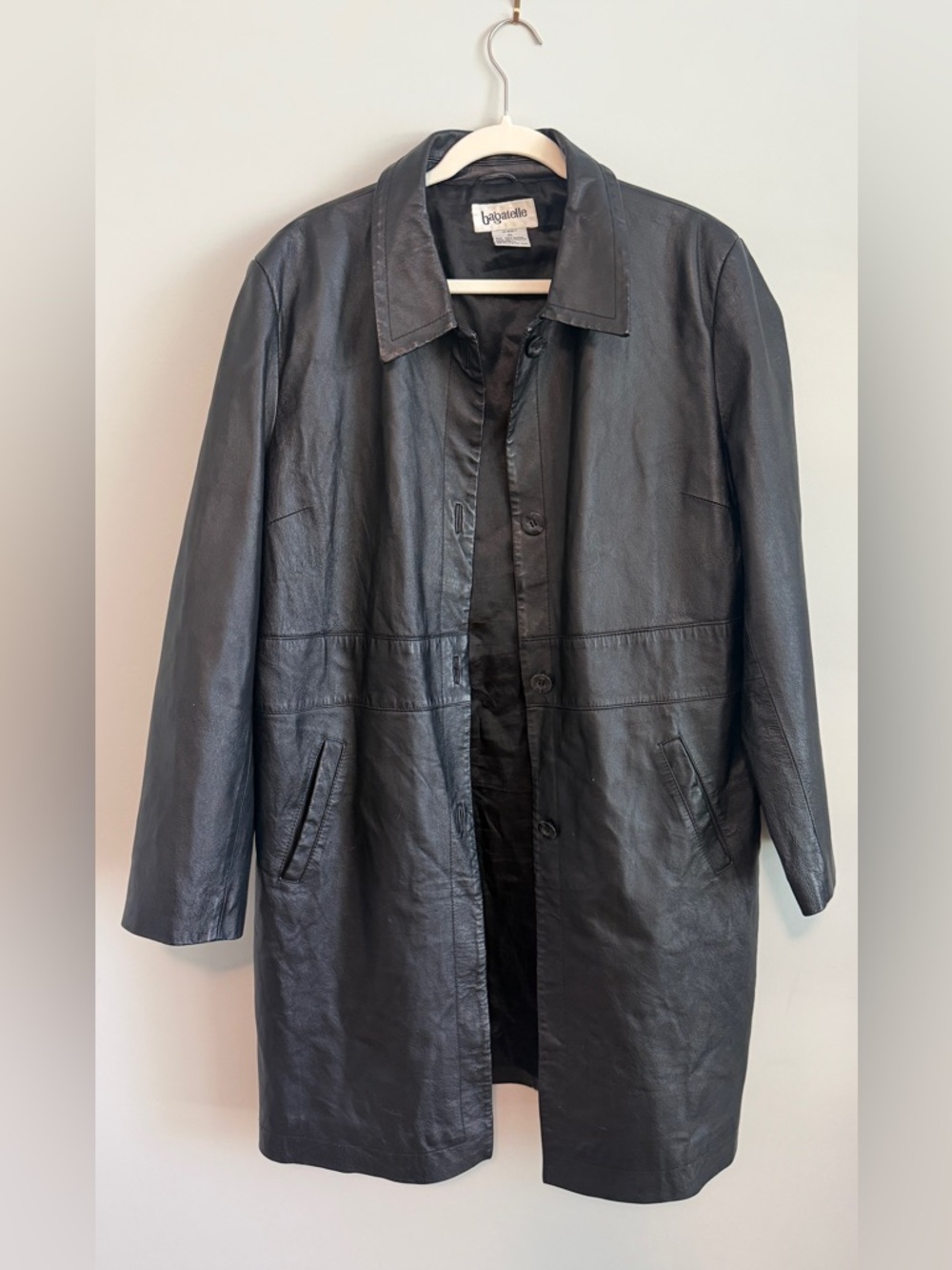 Vtg Bagatelle Genuine Leather Long Jacket Women's Size XL Black Coat Pockets